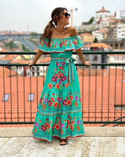 CM | maxi vestido de mujer - top con volantes off-the-shoulder - estampado floral - mezcla de algodón - ajuste con cinturón