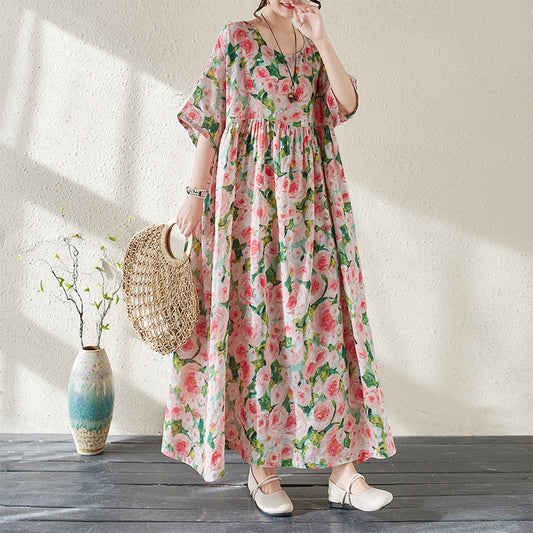 CM | maxi vestido de mujer - estampado floral - corte holgado - algodón ligero - mangas 3/4