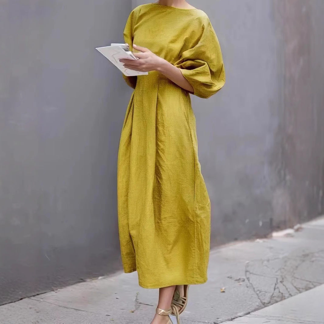 CM | Vestido largo para mujer - mangas abullonadas - corte holgado - escote redondo - ropa casual ligera