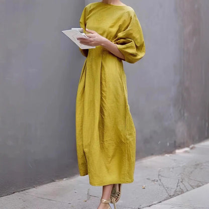 CM | Vestido largo para mujer - mangas abullonadas - corte holgado - escote redondo - ropa casual ligera