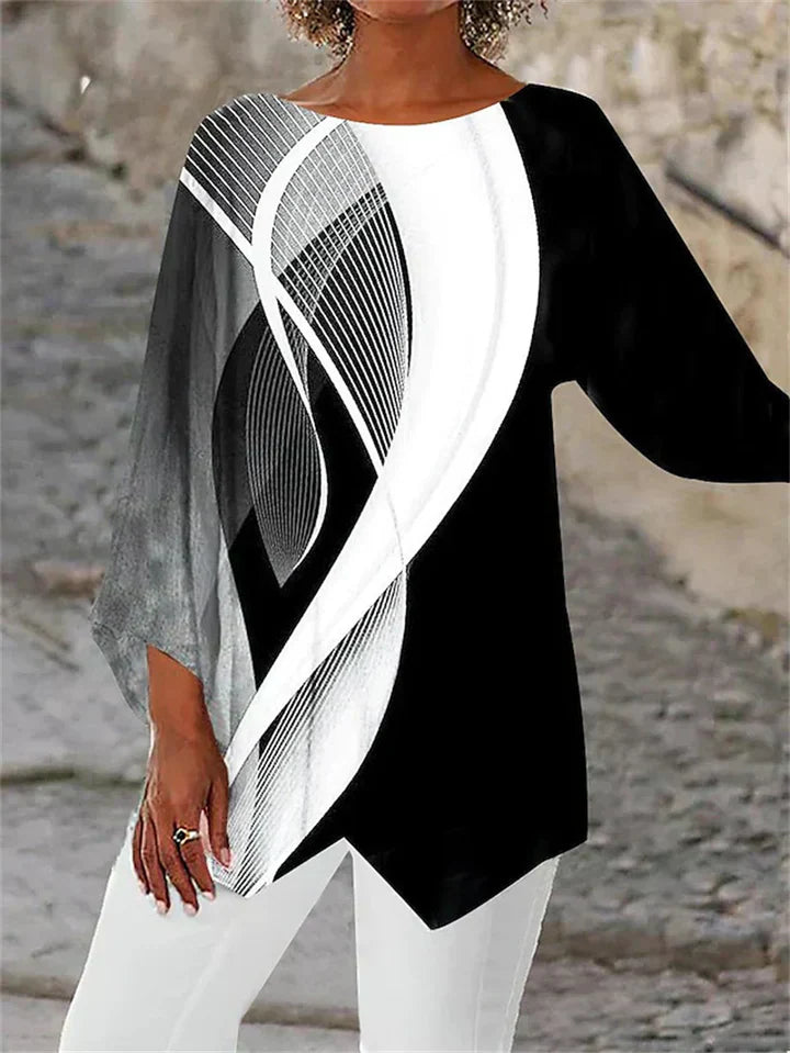 CM | Elegante blusa de manga larga con estampado geométrico