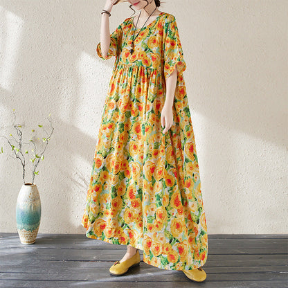CM | maxi vestido de mujer - estampado floral - corte holgado - algodón ligero - mangas 3/4