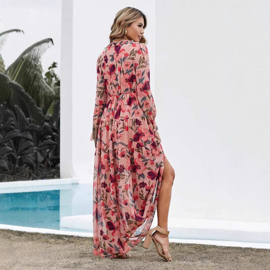 CM | Vestido maxi mujer - Gasa - Corte bohemio - Cuello de pico - Mangas largas - Estampado floral