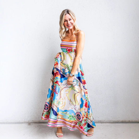 CM | Maxi Vestido de Mujer - Ajustado y Flare - Tirantes Espagueti - Atrevido Estampado Estilo Resort