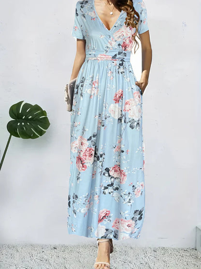 CM | Vestido maxi de mujer - estampado floral - corte en A - escote en V - manga corta