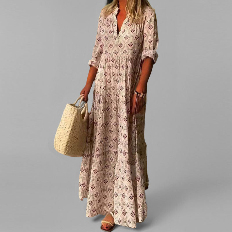 CM | maxi vestido de mujer - ligero - corte holgado - cuello en V - estampado vintage - mangas 3/4