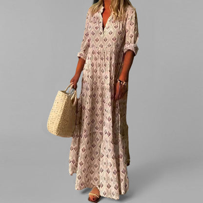 CM | maxi vestido de mujer - ligero - corte holgado - cuello en V - estampado vintage - mangas 3/4