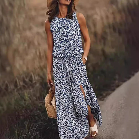 CM | maxi vestido de mujer - sin mangas - estampado floral - corte holgado - mezcla transpirable - dobladillo con aberturas - bolsillos