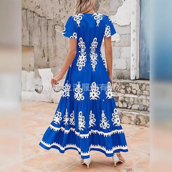 CM | maxi vestido de mujer - bohemio corte en A - estampado floral - cuello en V - manga corta