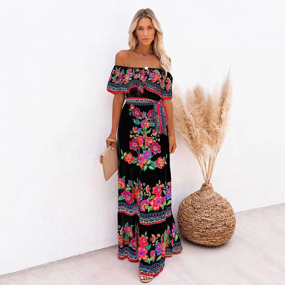 CM | Vestido largo estampado con cordones en la cintura