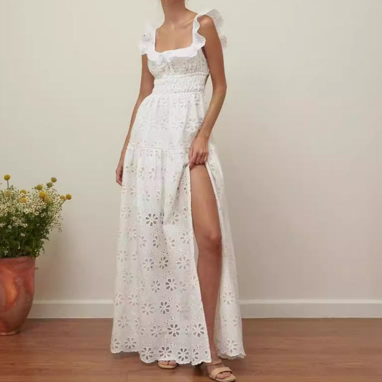 CM | Vestido largo de mujer - Ojal de algodón - Corpiño fruncido - Tirantes fruncidos - Abertura alta