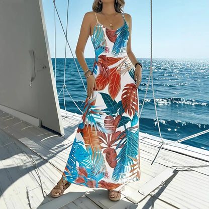 CM | Maxivestido de mujer - Corte vaporoso - Estampado de hojas tropicales - Mezcla de algodón - Sin mangas