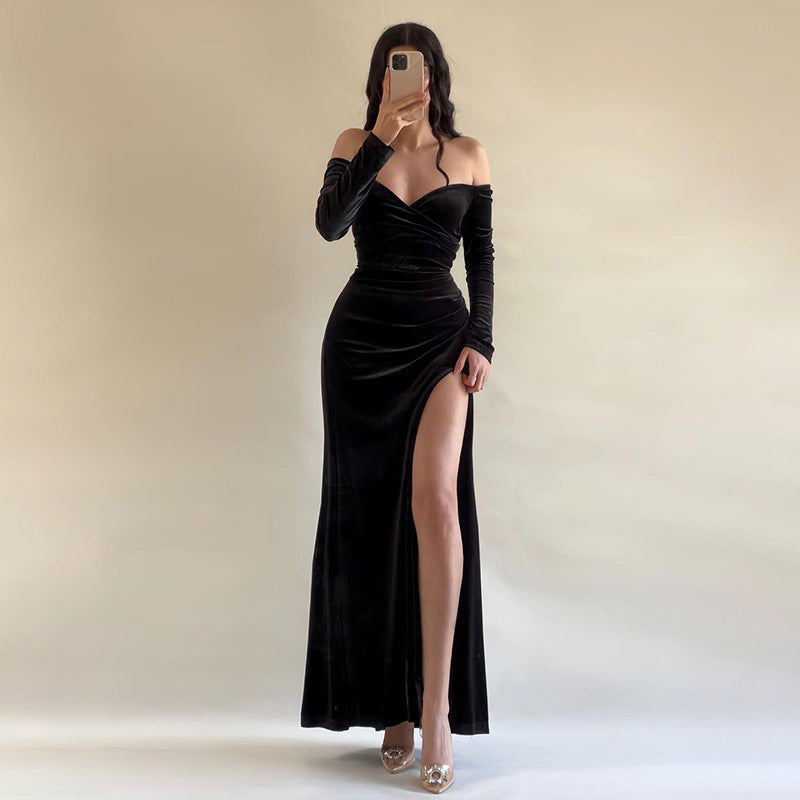 CM | Vestido largo para mujer - Terciopelo - Bodycon fit - Fuera del hombro - Cruzado sobre el busto - Abertura alta