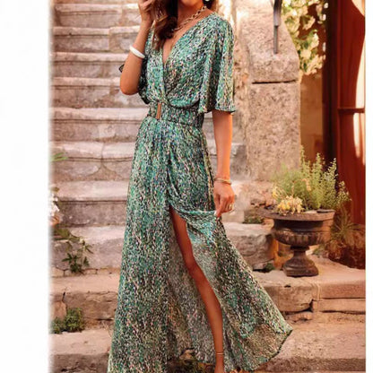 CM | Maxi vestido de mujer - Cuello en V envolvente - Cinturón en la cintura - Mangas cortas - Abertura lateral Corte fluido