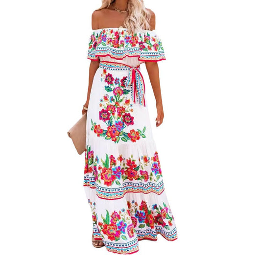 CM | Vestido largo estampado con cordones en la cintura