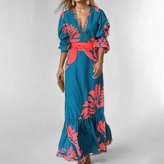 CM | maxi vestido de mujer - mangas abullonadas - cuello en V - cinturón en la cintura - estampado atrevido - tapeta de botones