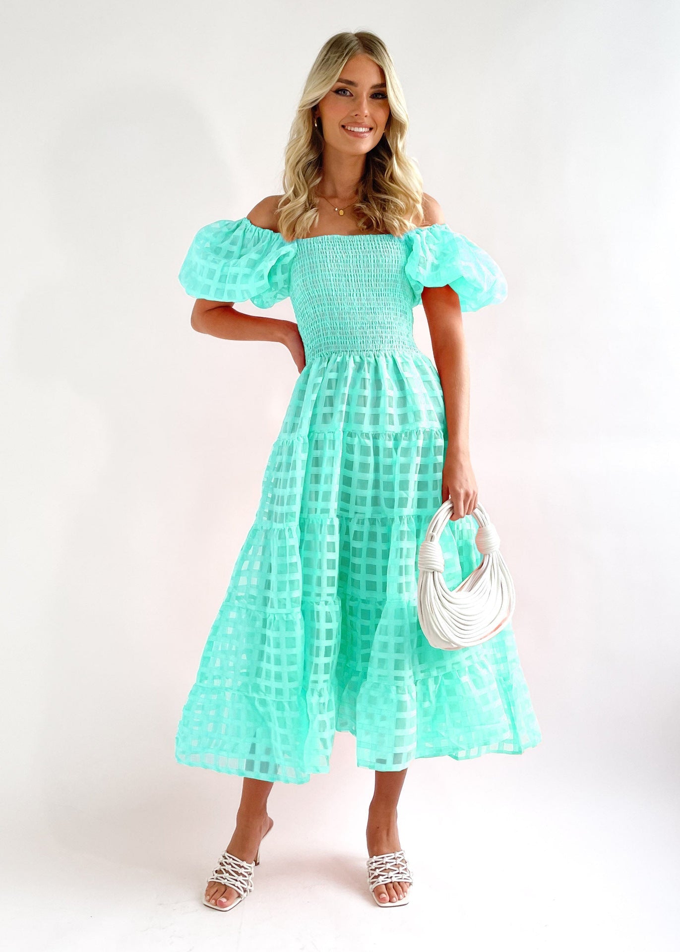 CM | Maxi vestido de mujer - hombros al descubierto - mangas abullonadas - cintura fruncida - falda con vuelo - mezcla transpirable