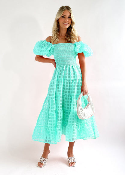 CM | Maxi vestido de mujer - hombros al descubierto - mangas abullonadas - cintura fruncida - falda con vuelo - mezcla transpirable
