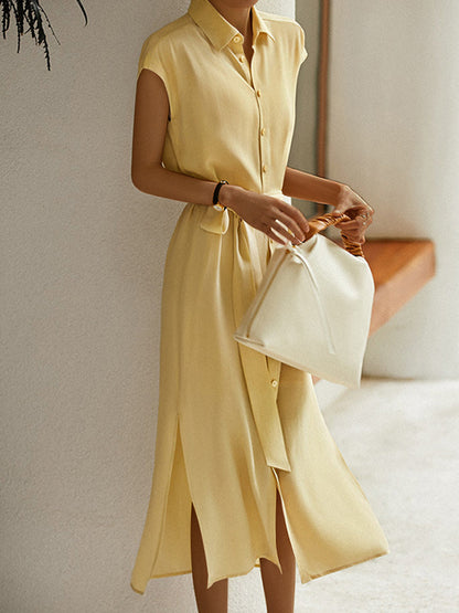 CM | vestido camisa trabajo cuello botón vestido midi