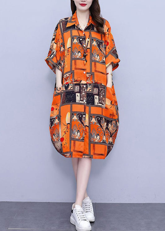 CM | Naranja bolsillos blusa de algodón vestido cuello Peter Pan verano