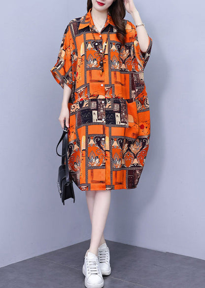 CM | Naranja bolsillos blusa de algodón vestido cuello Peter Pan verano