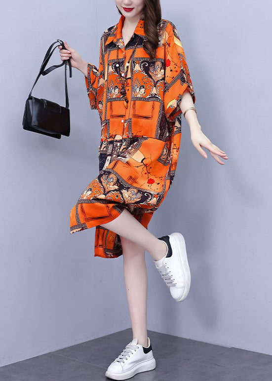 CM | Naranja bolsillos blusa de algodón vestido cuello Peter Pan verano