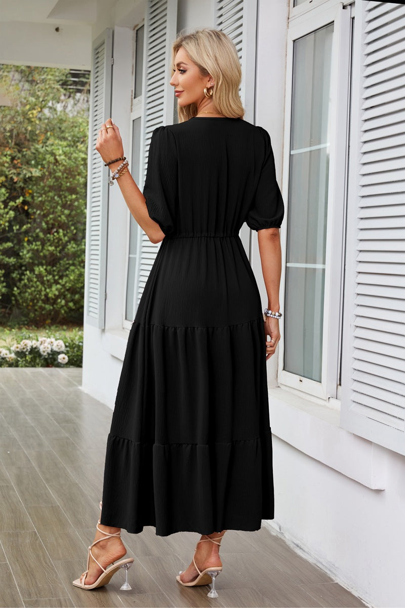 CM | maxi vestido de mujer - línea A fluida - mangas abullonadas - escote en V - cintura ceñida - abertura lateral