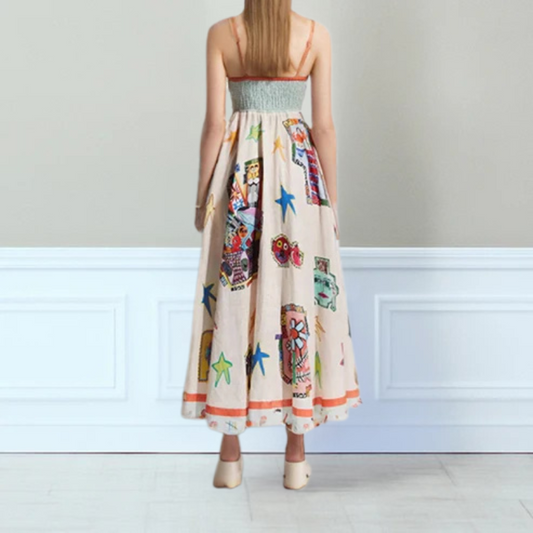 CM | Maxi vestido de mujer - Línea A - Tirantes finos - Algodón ligero - Diseño estampado