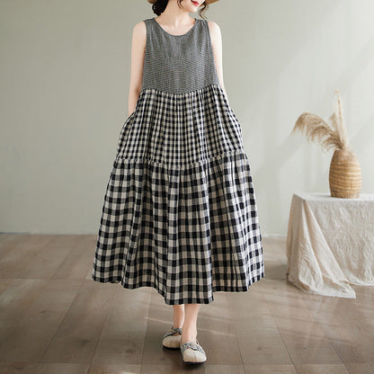 CM | maxi vestido de mujer - corte en A - sin mangas - algodón - mezcla de puntos y cuadros