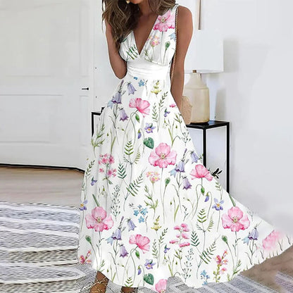 CM | Vestido largo de mujer - Estampado floral - Sin mangas - Escote en pico - Mezcla transpirable - Corte holgado