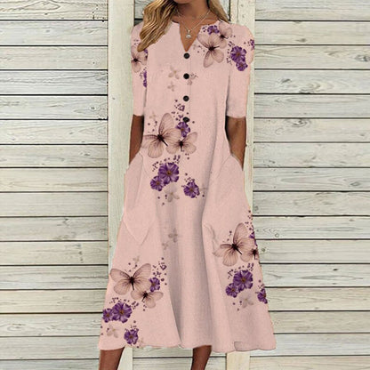 CM | Vestido midi de mujer - cuello de pico - tapeta de botones - manga corta - estampado floral de mariposas - bolsillos