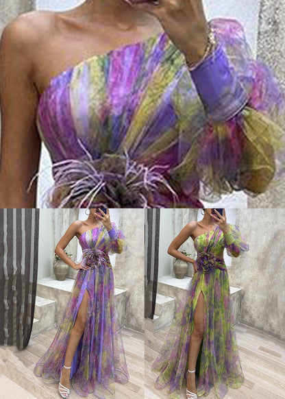CM | lado abierto vestido largo de tul un hombro verano WW1033