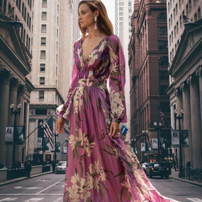 CM | maxi vestido de mujer - cuello en V - entallado - manga larga - ligero diseño floral