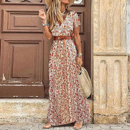 CM | Maxivestido de mujer - Estampado paisley - Cuello en pico - Mangas cortas - Ajuste con cinturón - Abertura lateral