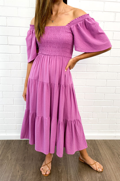 CM | Femenino vestido midi sin hombros
