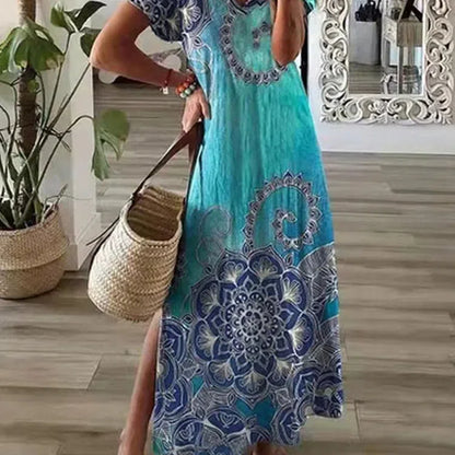 CM | Chic T-Shirt Estilo Impreso Maxi Vestido Mujeres Cuello Redondo Casual Verano Vestido de Vacaciones