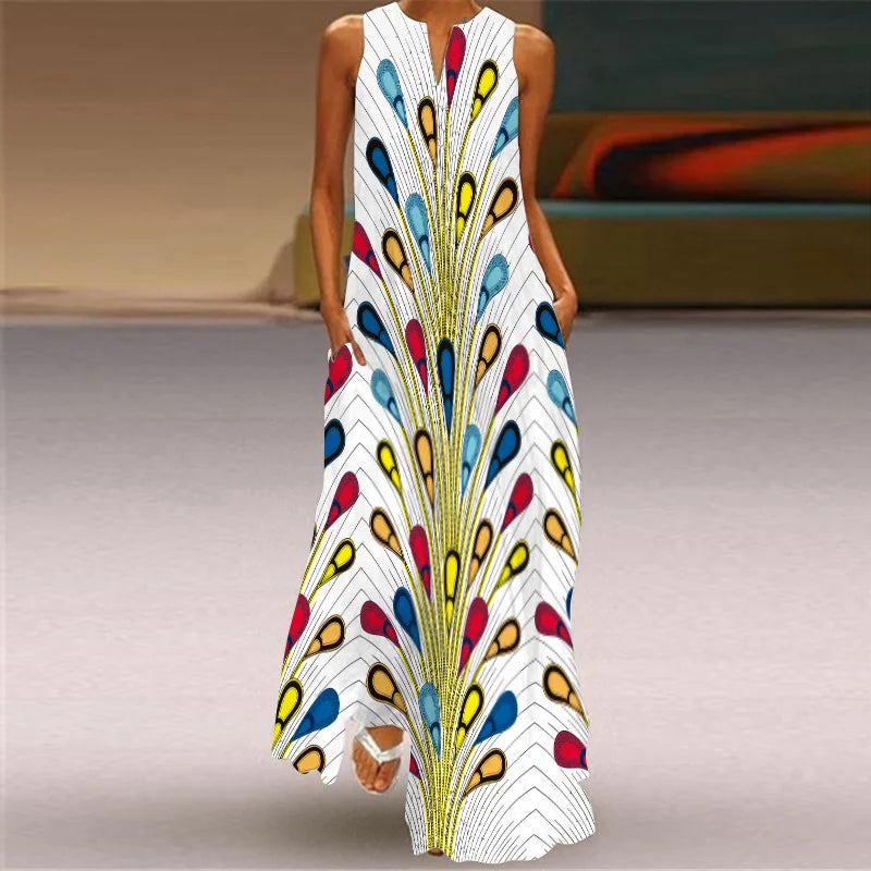 CM | Fresco Estampado Floral Verano Cuello Abierto Vestido Largo Cuello en V Vestido de Playa sin Mangas con Bolsillos