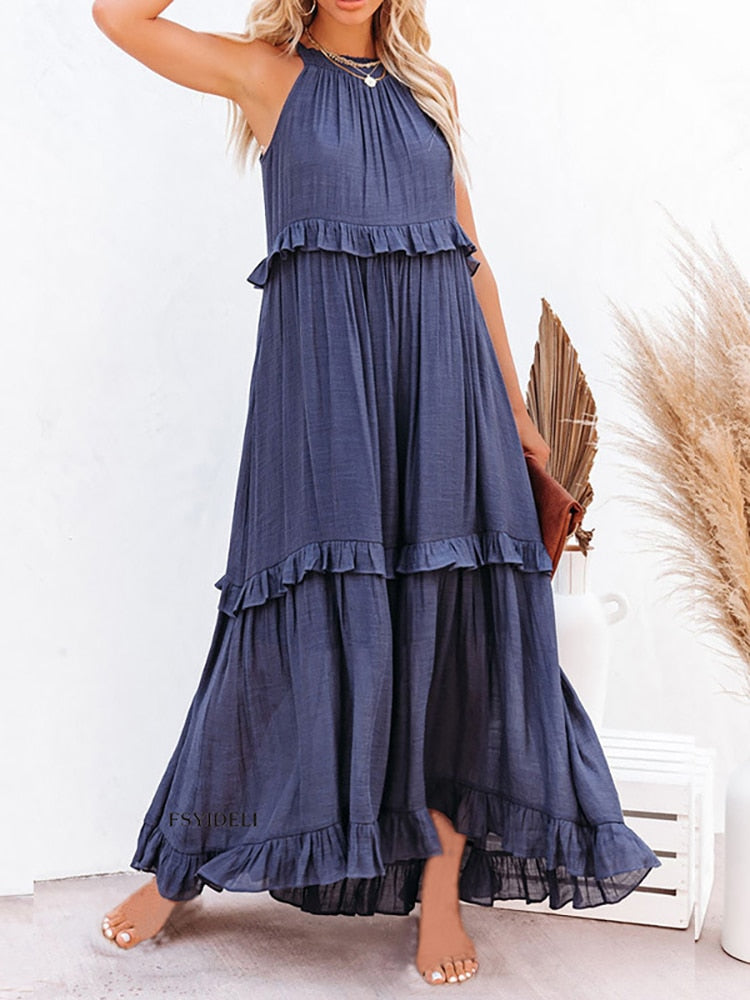 CM | Maxivestido de mujer - Corte relajado - Cuello halter - Detalle de volantes - Fibras naturales