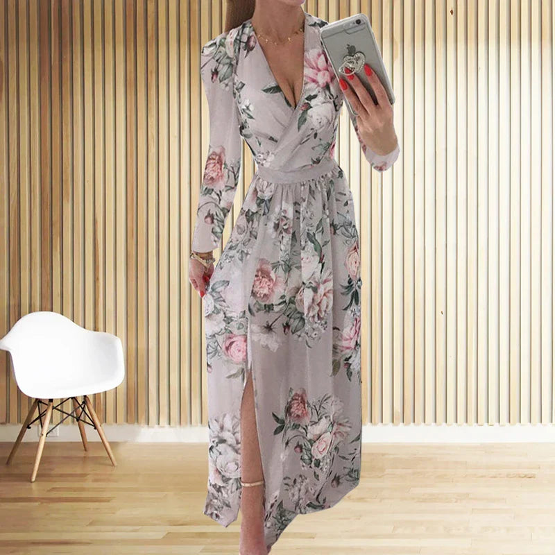 CM | Amazon eBay Cross Border Verano Gasa Impreso Vestido Largo Cuello en V Manga Larga Estilo Split para Mujer