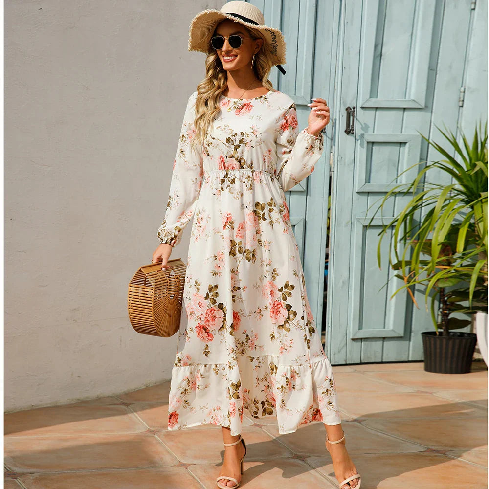 CM | Verano Bohemio Maxi Vestido Manga Larga Cintura Alta Floral Gasa