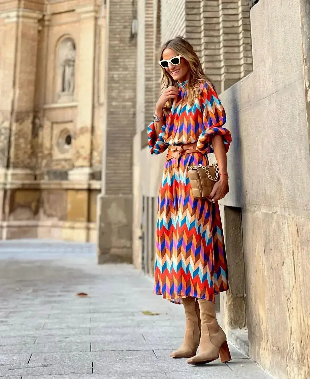 CM | Vestido largo de fiesta estampado geométrico