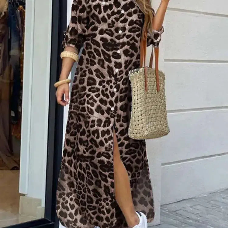 CM | Vintage Leopard Maxi Vestido Otoño Manga Larga Oversized Sunday Dress