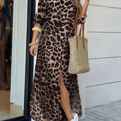 CM | Vintage Leopard Maxi Vestido Otoño Manga Larga Oversized Sunday Dress