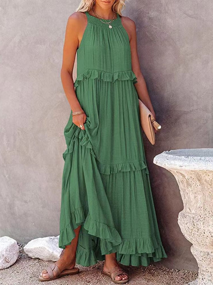 CM | Maxivestido de mujer - Corte relajado - Cuello halter - Detalle de volantes - Fibras naturales