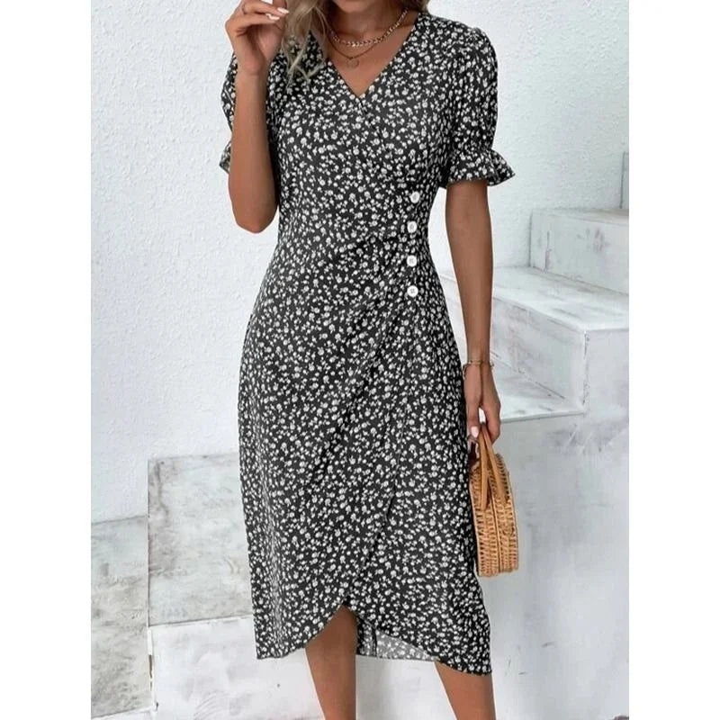 CM | Elegante vestido midi plisado floral con mangas abullonadas y escote en V