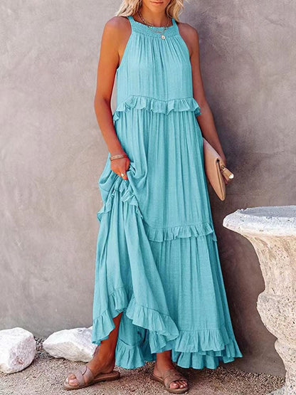 CM | Maxivestido de mujer - Corte relajado - Cuello halter - Detalle de volantes - Fibras naturales