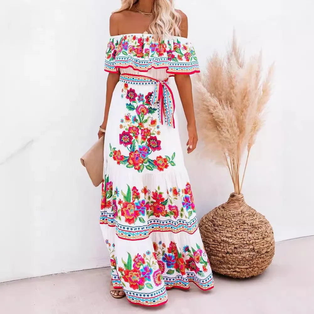CM | Primavera Verano Vestido maxi sin hombros con estampado floral rojo Sin mangas Ajuste holgado Dobladillo ancho para fiestas y ropa casual