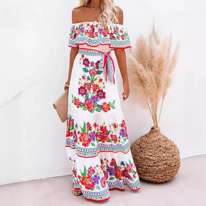 CM | Primavera Verano Vestido maxi sin hombros con estampado floral rojo Sin mangas Ajuste holgado Dobladillo ancho para fiestas y ropa casual