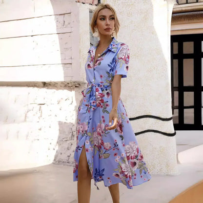 CM | Primavera Verano Mujer Estampado Floral Vestido Midi con Mangas Cortas y Vuelta Cuello Abajo para Fiesta Casual y Salir de Fiesta