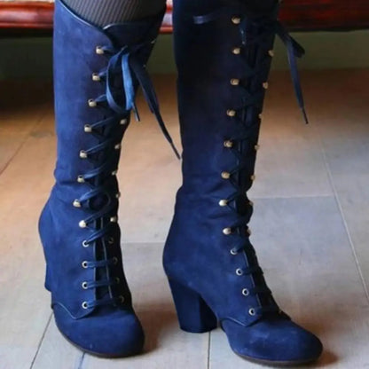 CM | Elegantes botas de cordones hasta la rodilla con tacón de bloque